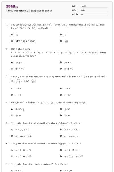 13 câu  Trắc nghiệm Bất đẳng thức có đáp án