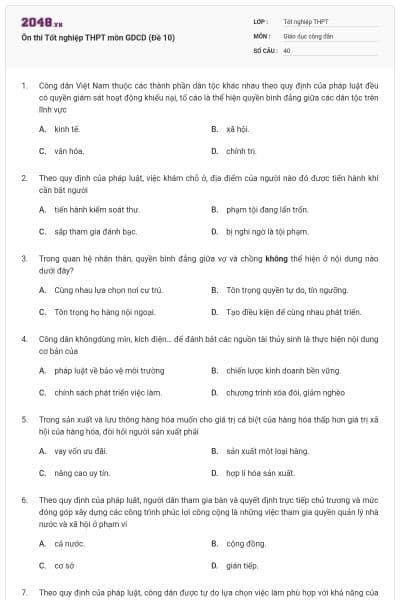 Ôn thi Tốt nghiệp THPT môn GDCD (Đề 10)