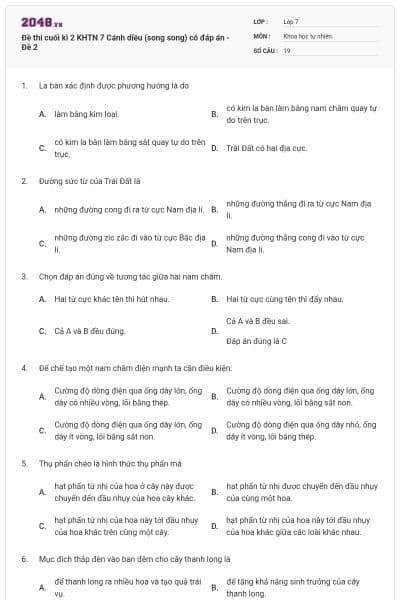 Đề thi cuối kì 2 KHTN 7 Cánh diều (song song) có đáp án - Đề 2