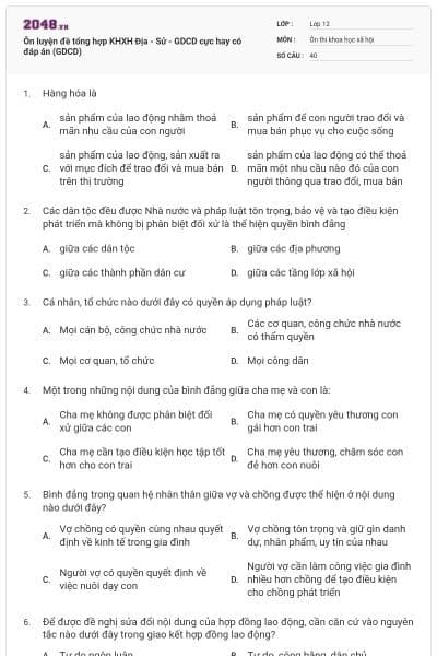 Ôn luyện đề tổng hợp KHXH Địa - Sử - GDCD cực hay có đáp án (GDCD)