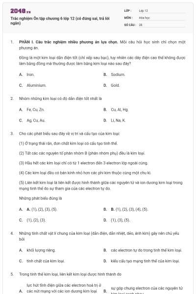 Trắc nghiệm Ôn tập chương 6 lớp 12 (có đúng sai, trả lời ngắn)