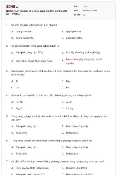 Bài tập Tách kim loại và việc sử dụng hợp kim lớp 9 (có lời giải - Phần 2)