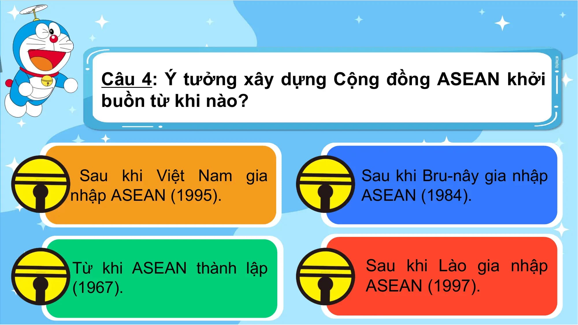 Câu 4: Ý tưởng xây dựng Cộng đồng ASEAN khởi
 buồn từ khi nào?

 Sau khi Việt Nam gia Sau khi Bru-nây gia nhập
nhập ASEAN (1995). ASEAN (1984).

Từ khi ASEAN thành lập Sau khi Lào gia nhập
(1967). ASEAN (1997).