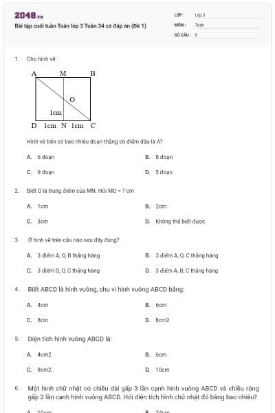 Bài tập cuối tuần Toán lớp 3 Tuần 34 có đáp án (Đề 1)