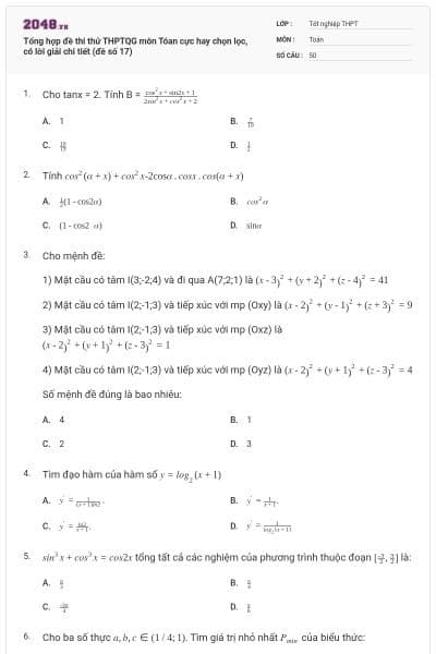 Tổng hợp đề thi thử THPTQG môn Tóan cực hay chọn lọc, có lời giải chi tiết (đề số 17)