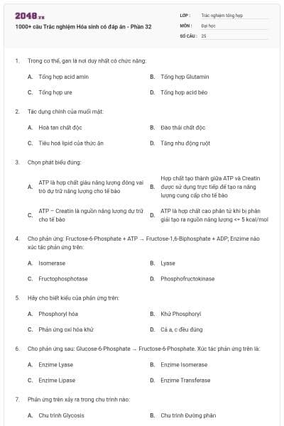 1000+ câu Trắc nghiệm Hóa sinh có đáp án - Phần 32