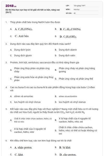 Đề thi Hóa học cực hay có lời giải chi tiết cơ bản, nâng cao (Đề 5)