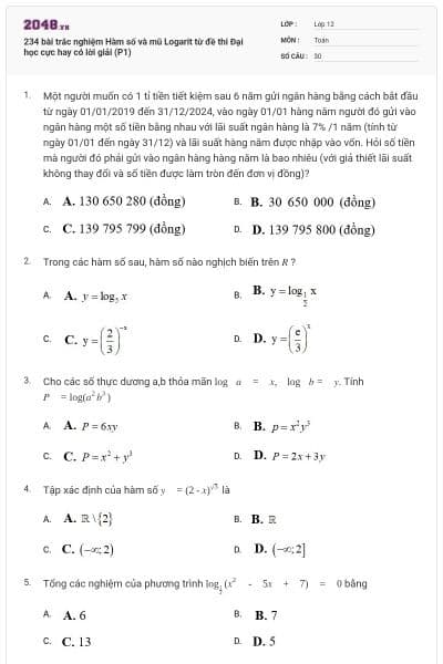 234 bài trắc nghiệm Hàm số và mũ Logarit từ đề thi Đại học cực hay có lời giải (P1)