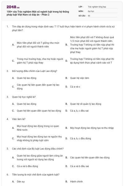 100+ câu Trắc nghiệm Một số ngành luật trong hệ thống pháp luật Việt Nam có đáp án - Phần 2