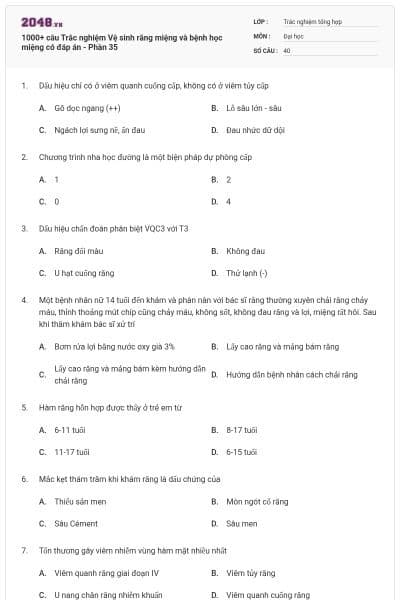 1000+ câu Trắc nghiệm Vệ sinh răng miệng và bệnh học miệng có đáp án - Phần 35