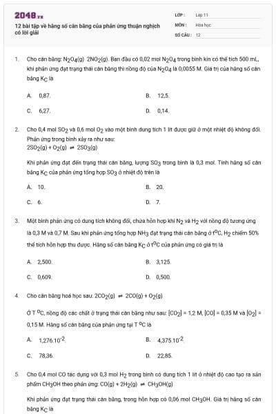 12 bài tập về hằng số cân bằng của phản ứng thuận nghịch có lời giải