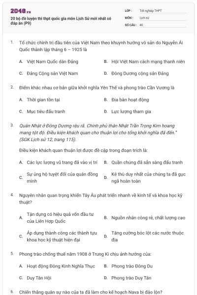 20 bộ đề luyện thi thpt quốc gia môn Lịch Sử mới nhất có đáp án (P9)