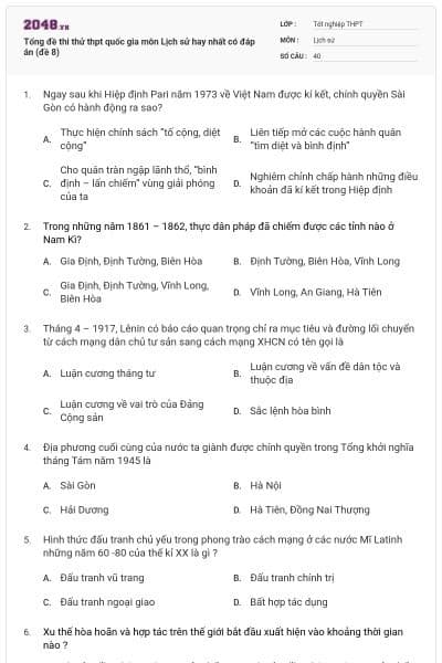 Tổng đề thi thử thpt quốc gia môn Lịch sử hay nhất có đáp án (đề 8)