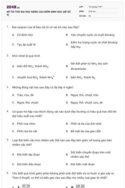 ĐỀ THI THỬ ĐẠI HỌC NÂNG CAO MÔN SINH HỌC (ĐỀ SỐ 4)