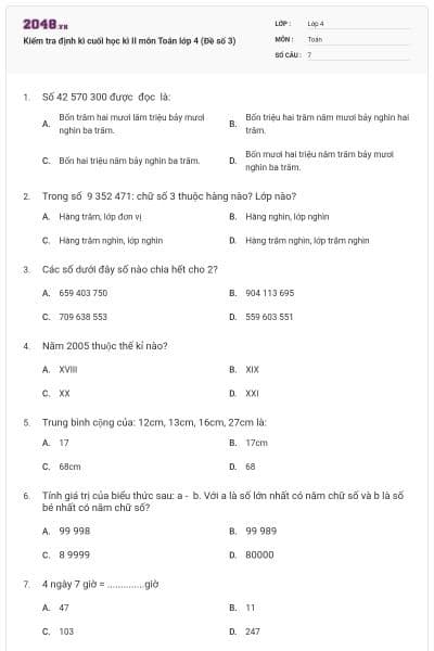Kiểm tra định kì cuối học kì II môn Toán lớp 4 (Đề số 3)