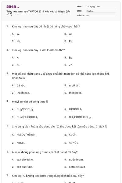 Tổng hợp minh họa THPTQG 2019 Hóa Học có lời giải (Đề số 5)