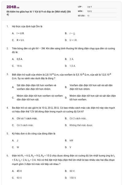 Đề kiểm tra giữa học kì 1 Vật lý 9 có đáp án (Mới nhất) (Đề 4)
