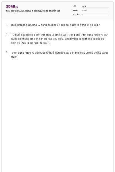 Giải bài tập SGK Lịch Sử 4 Bài 20(Có đáp án): Ôn tập