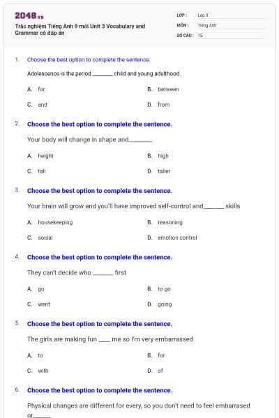 Trắc nghiệm Tiếng Anh 9 mới Unit 3 Vocabulary and Grammar có đáp án