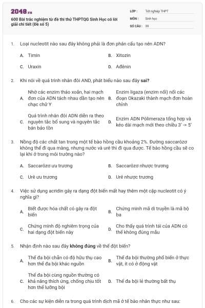 600 Bài trắc nghiệm từ đề thi thử THPTQG Sinh Học có lời giải chi tiết (Đề số 5)
