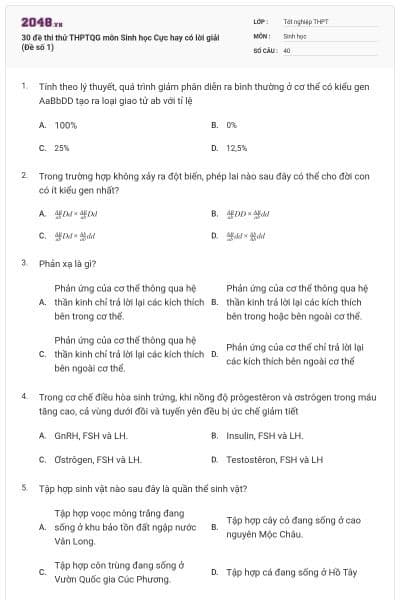 30 đề thi thử THPTQG môn Sinh học Cực hay có lời giải (Đề số 1)