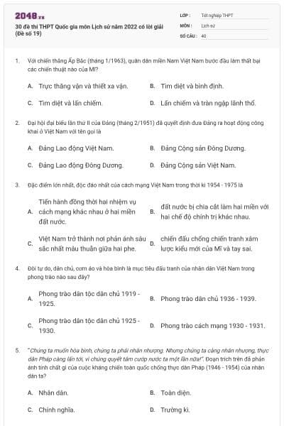 30 đề thi THPT Quốc gia môn Lịch sử năm 2022 có lời giải (Đề số 19)