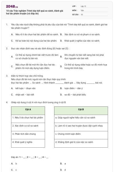 10 câu Trắc nghiệm Trình bày kết quả so sánh, đánh giá hai tác phẩm truyện (có đáp án)