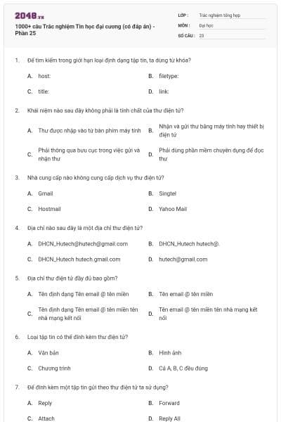 1000+ câu Trắc nghiệm Tin học đại cương (có đáp án) - Phần 25