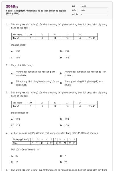 5 câu  Trắc nghiệm Phương sai và độ lệch chuẩn có đáp án (Thông hiểu)