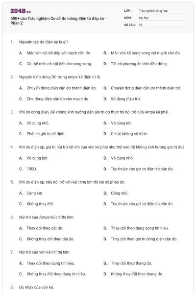 500+ câu Trắc nghiệm Cơ sở đo lường điện tử đáp án - Phần 2