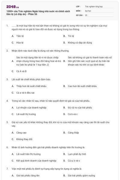 1000+ câu Trắc nghiệm Ngân hàng nhà nước và chính sách tiền tệ (có đáp án) - Phần 56
