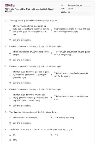 1000+ câu Trắc nghiệm Thuế và kế toán thuế (có đáp án) - Phần 32