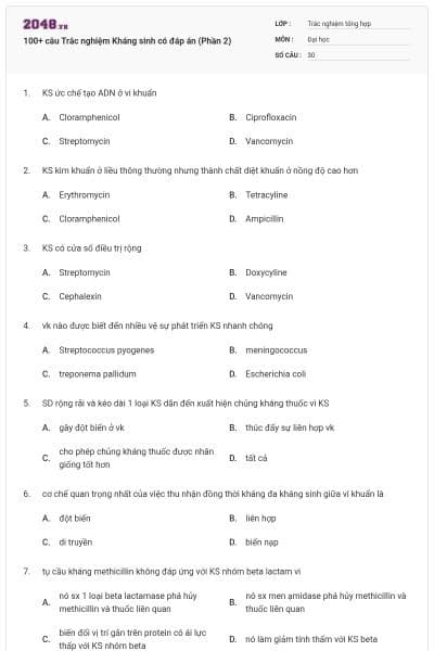100+ câu Trắc nghiệm Kháng sinh có đáp án (Phần 2)