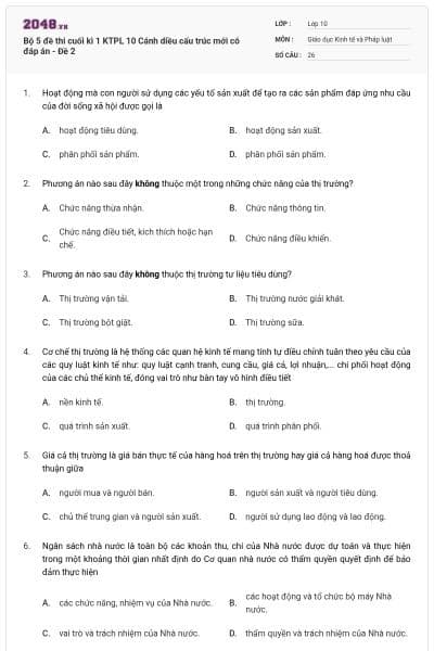 Bộ 5 đề thi cuối kì 1 KTPL 10 Cánh diều cấu trúc mới có đáp án - Đề 2