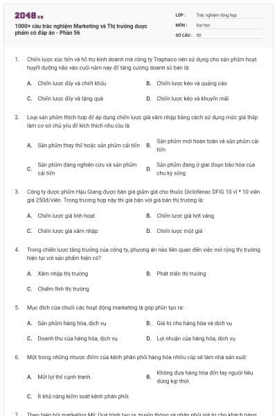 1000+ câu trắc nghiệm Marketing và Thị trường dược phẩm có đáp án - Phần 56