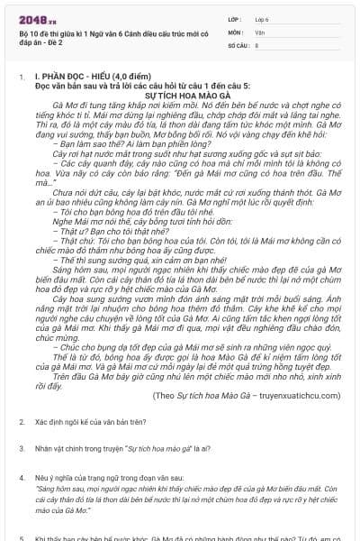 Bộ 10 đề thi giữa kì 1 Ngữ văn 6 Cánh diều cấu trúc mới có đáp án - Đề 2