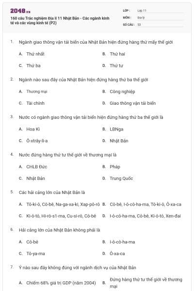 160 câu Trắc nghiệm Địa lí 11 Nhật Bản - Các ngành kinh tế và các vùng kinh tế (P2)