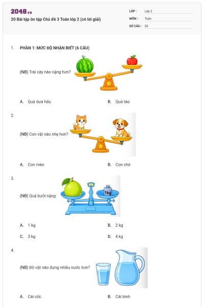 20 Bài tập ôn tập Chủ đề 3 Toán lớp 2 (có lời giải)