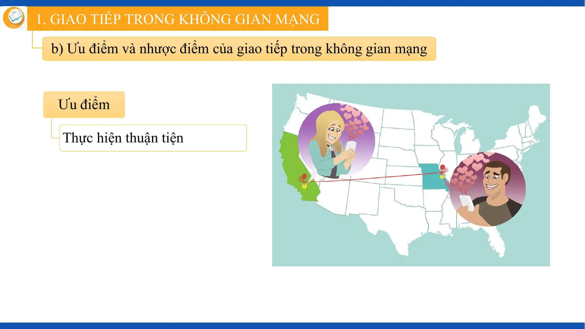 1. GIAO TIẾP TRONG KHÔNG GIAN MẠNG

 b) Ưu điểm và nhược điểm của giao tiếp trong không gian mạng

 Ưu điểm

 Thực hiện thuận tiện