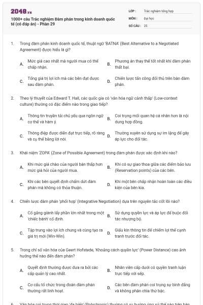 1000+ câu Trắc nghiệm Đàm phán trong kinh doanh quốc tế (có đáp án) - Phần 29
