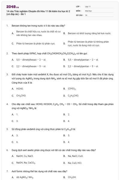 14 câu Trắc nghiệm Chuyên đề Hóa 11 Đề kiểm tra học kì 2 (có đáp án) - Đề 1