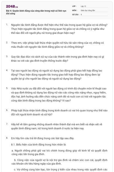 Bài 4: Quyền bình đẳng của công dân trong một số lĩnh vực đời sống