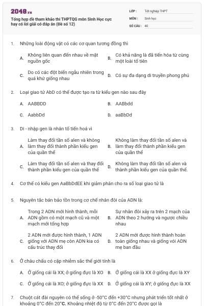 Tổng hợp đề tham khảo thi THPTQG môn Sinh Học cực hay có lời giải có đáp án (Đề số 12)