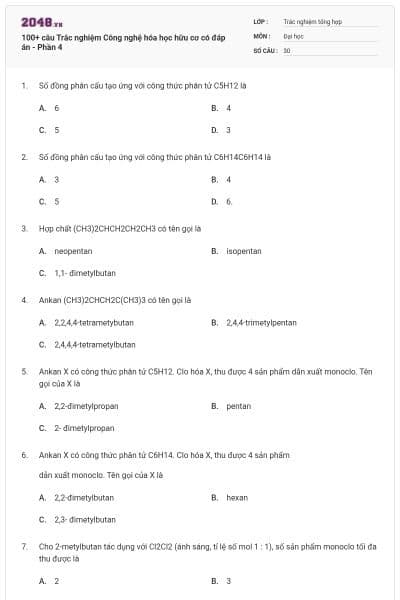 100+ câu Trắc nghiệm Công nghệ hóa học hữu cơ có đáp án - Phần 4