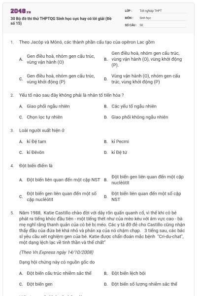 30 Bộ đề thi thử THPTQG Sinh học cực hay có lời giải (Đề số 15)