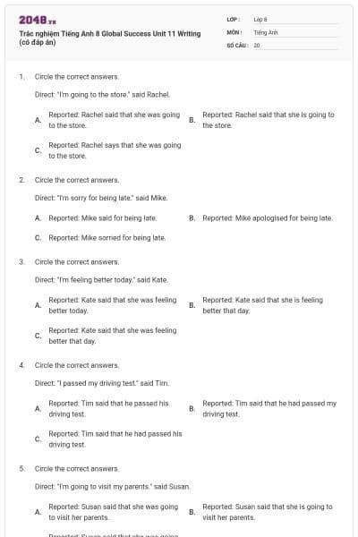 Trắc nghiệm Tiếng Anh 8 Global Success Unit 11 Writing (có đáp án)