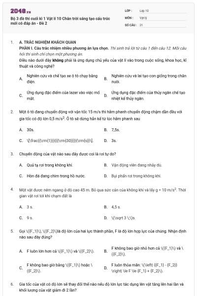 Bộ 3 đề thi cuối kì 1 Vật lí 10 Chân trời sáng tạo cấu trúc mới có đáp án - Đề 2