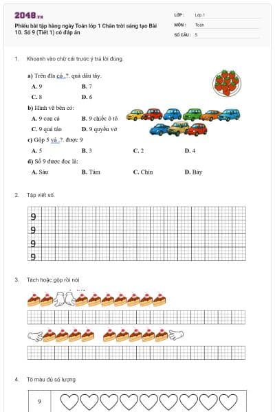 Phiếu bài tập hàng ngày Toán lớp 1 Chân trời sáng tạo Bài 10. Số 9 (Tiết 1) có đáp án