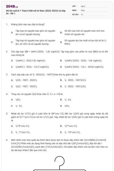 Đề thi cuối kì 1 Toán 6 Kết nối tri thức (2022-2023) có đáp án - Đề 1