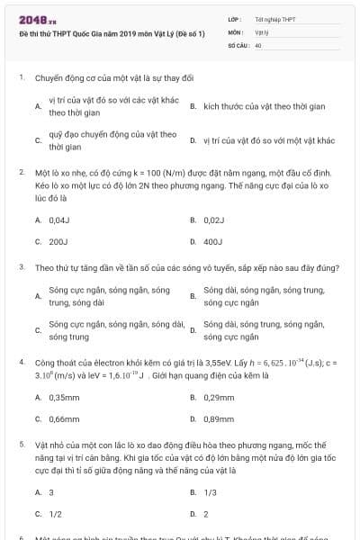 Đề thi thử THPT Quốc Gia năm 2019 môn Vật Lý (Đề số 1)